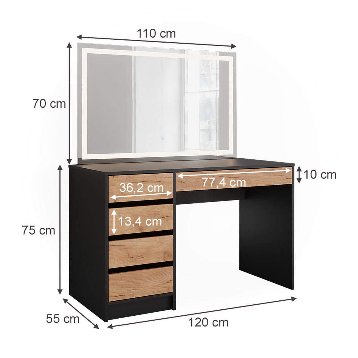 SCHMINKTISCH Sherry Anthrazit/Goldkraft Eiche 120 x 75 cm mit LED-Spiegel - Honigeiche/Anthrazit, Holzwerkstoff (120/75/55cm) - Vicco