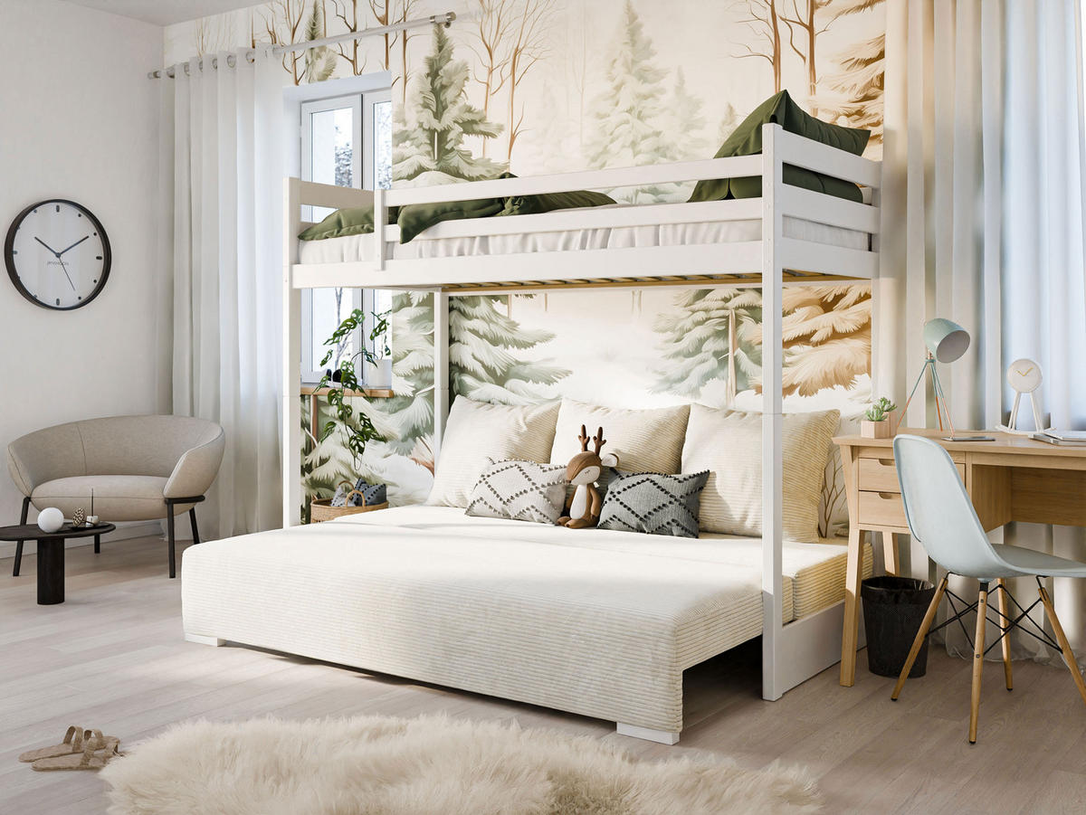 HOCHBETT mit Schlafsofa 200x140 cm in weiß und cremefarben - Creme/Weiß, Holz (140/200cm) - Kids Collective