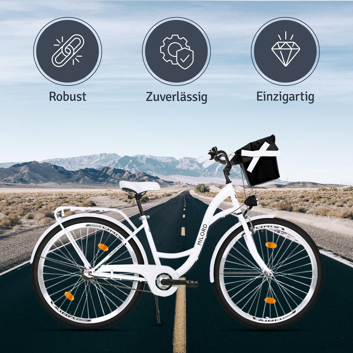 CITY-FAHRRAD Milord mit Metallkorb, 26 Zoll, Weiß, 3-Gang - Weiß, Metall (46cm) - Milordbikes