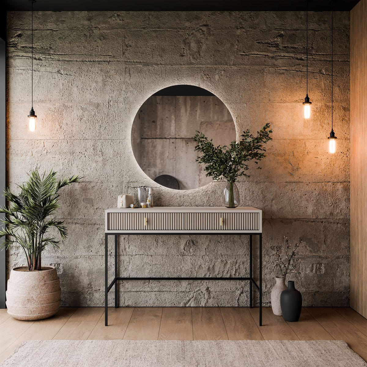 FRISIERTISCH MIDNIGHT auf Gestell mit Spiegel und LED-Beleuchtung kaschmir - Kaschmir/Schwarz, Holzwerkstoff (104/77/50cm) - Lookway