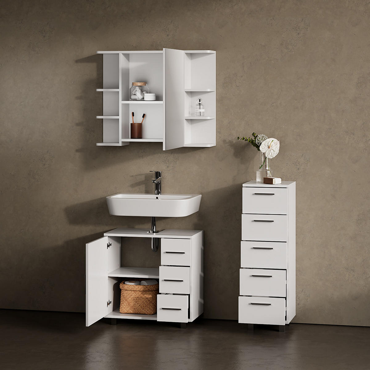 BADMÖBEL-SET Eisak Weiß 3 Teile, mit Midischrank - Weiß, Holzwerkstoff (60/60/33cm) - Livinity®