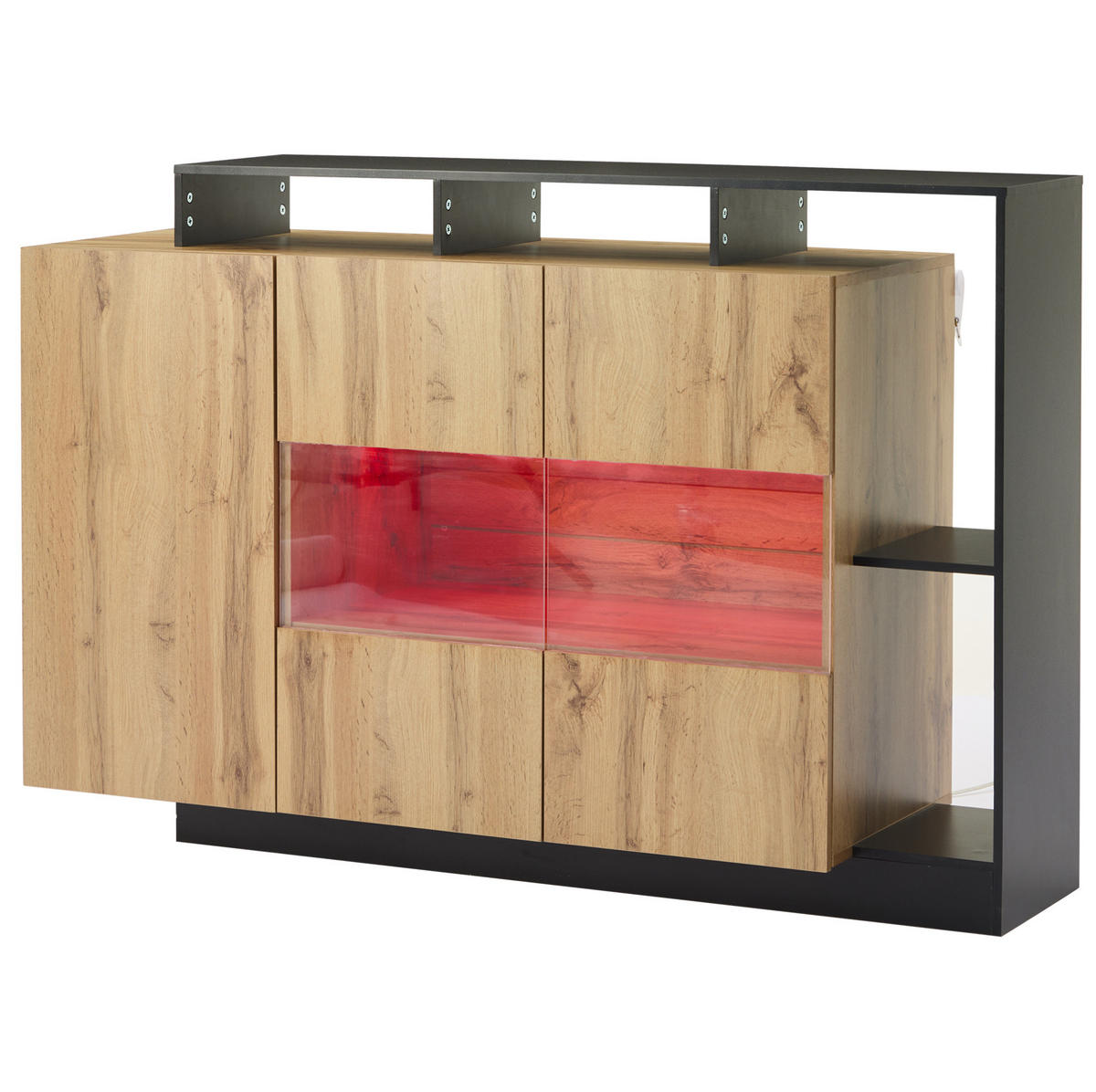 KOMODA z MDF 140x44x93,5 cm v dekoru dřeva s LED osvětlením, Bluetooth ovládáním a nastavitelnými policemi - přírodní, kompozitní dřevo (140/93.5/44cm) - Modfu