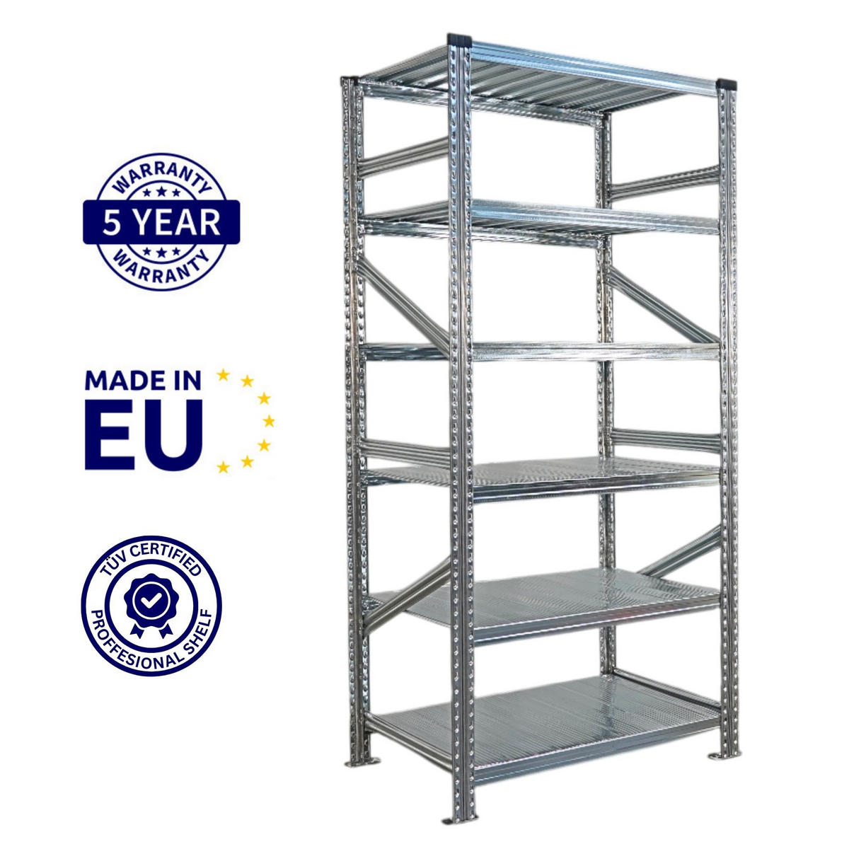 FACHBODENREGAL Proximo Stecksystem 210x450x60cm 6 Ebenen Beidseitig nutzbar Verzinkt - Silberfarben, Metall (450/210/60cm) - PROREGAL