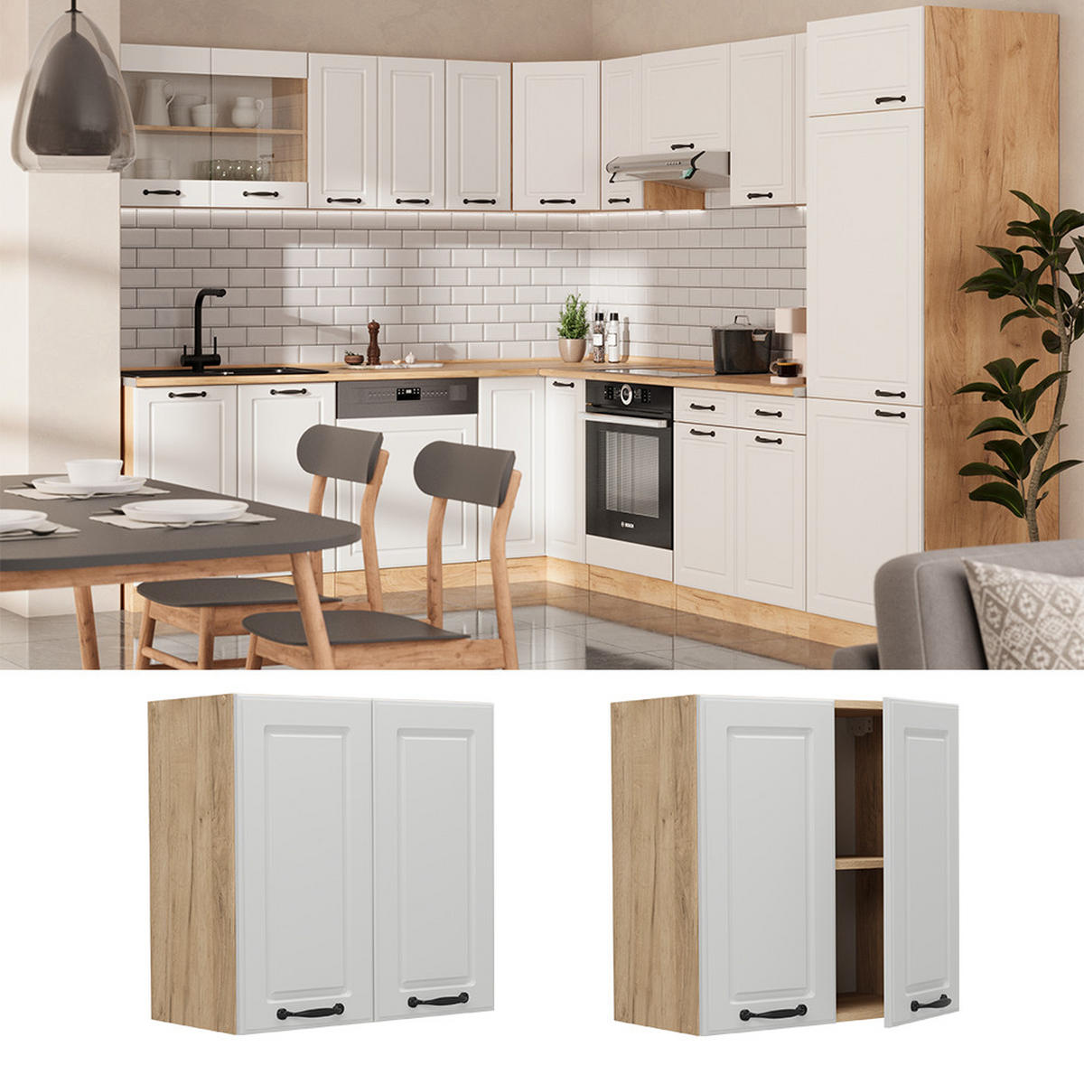 HÄNGESCHRANK R-Line Weiß Landhaus 60 cm - Honigeiche/Eiche Wotan, Holzwerkstoff (60/60/31cm) - Vicco