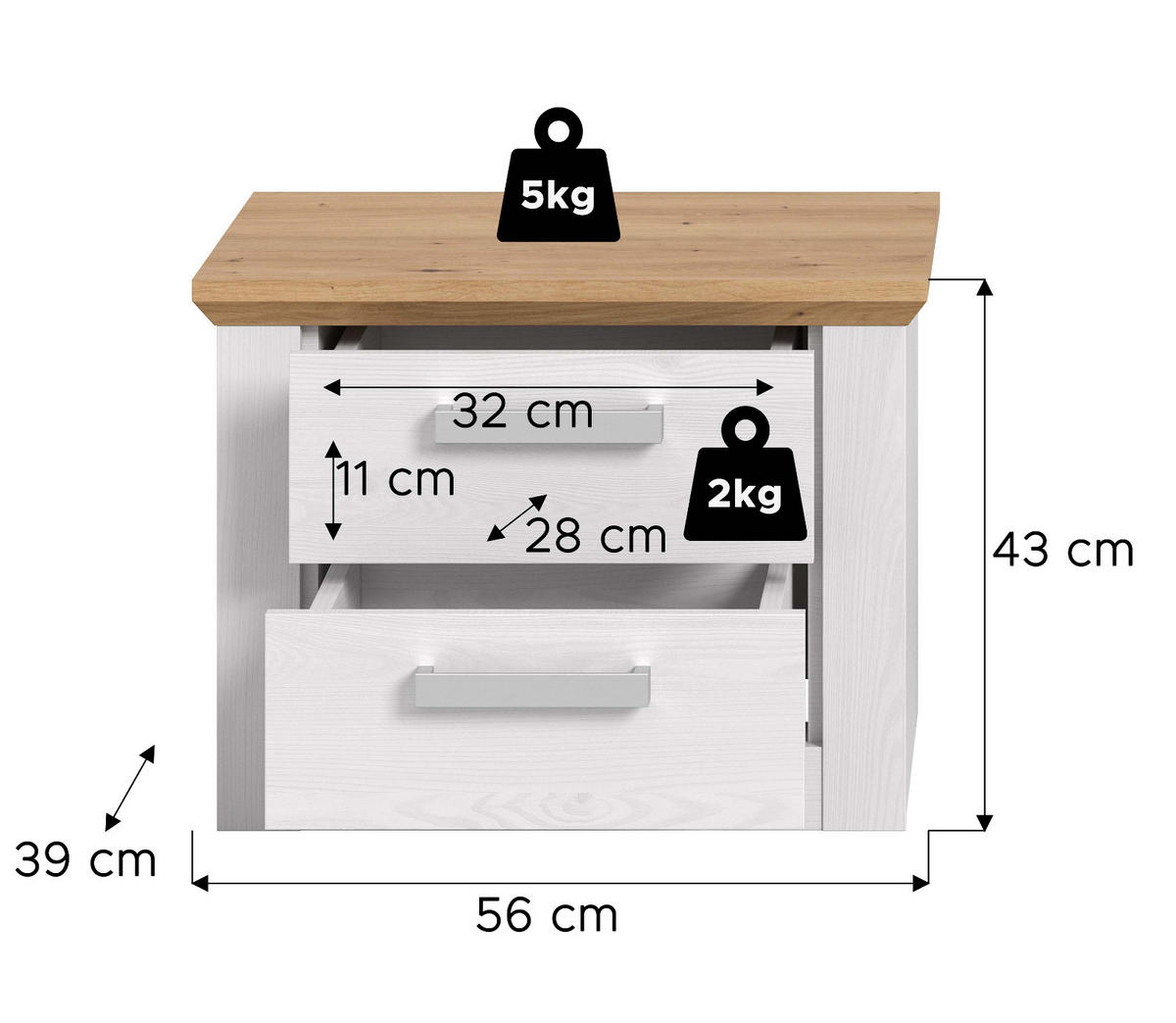 NACHTTISCH weiß Lärche, Eiche Artisan Landhaus 56 x 43 cm, Nachtkommode mit Schubkästen - Eichefarben/Silberfarben, Holzwerkstoff/Kunststoff (56/43/39cm) - Inn.Furn
