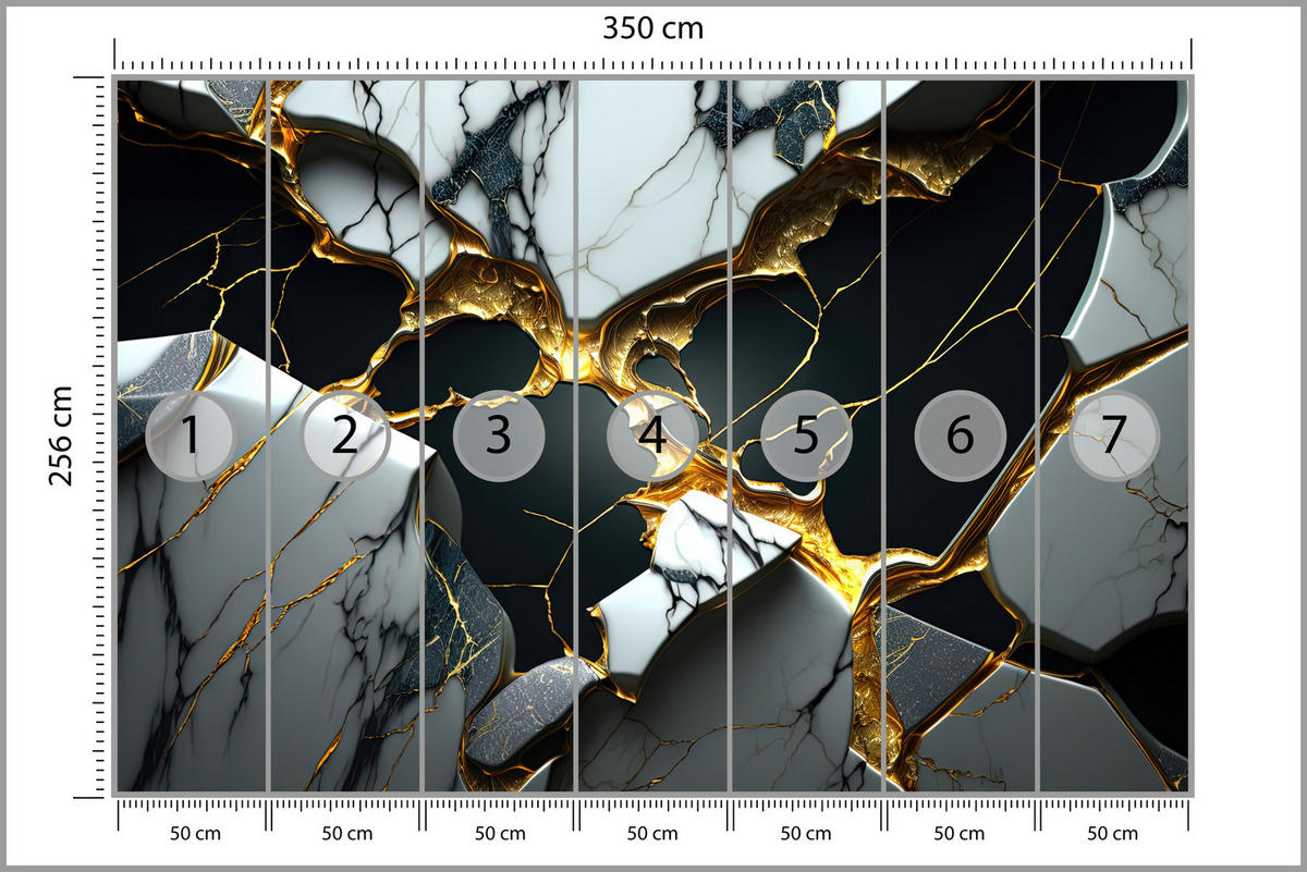 FOTOTAPETE für Wohnzimme Schwarze Weißer Marmor Goldelementen 350x256 - Goldfarben/Schwarz, Papier (350/256cm) - Muralo