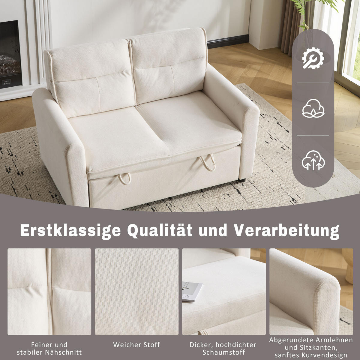 SCHLAFSOFA Samt-Bezug mit Ausziehfunktion und 5-fach verstellbarer Rückenlehne Hellbeige 127/90/87 cm - Beige, Textil (90/87/127cm) - Redom