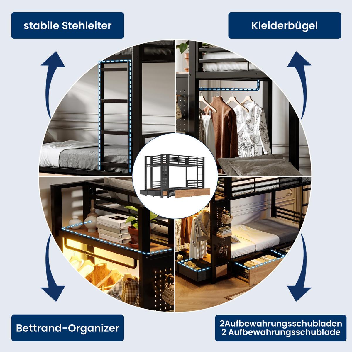 ETAGENBETT aus Metall und MDF 90x200 cm Schwarz mit LED-Beleuchtung, Schubladen und Stauraum - Schwarz, Holzwerkstoff (90/200cm) - Modfu