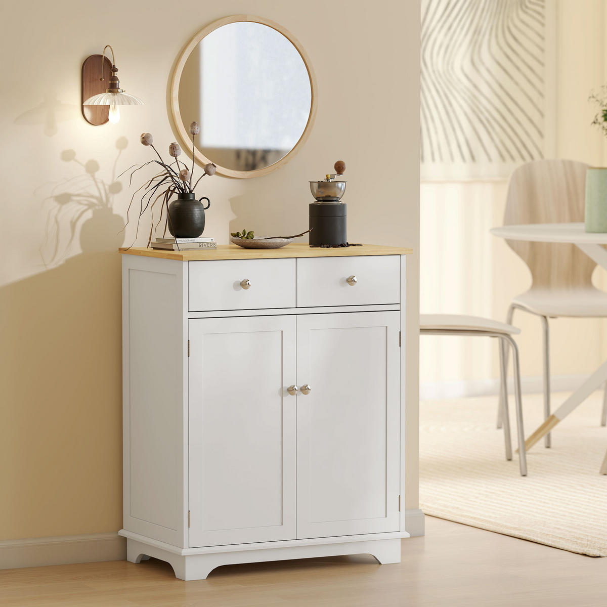 SIDEBOARD DE-10997 2 Türen Weiß/Naturholz - Weiß, Holzwerkstoff (68/85/40.3cm) - ComfortXL