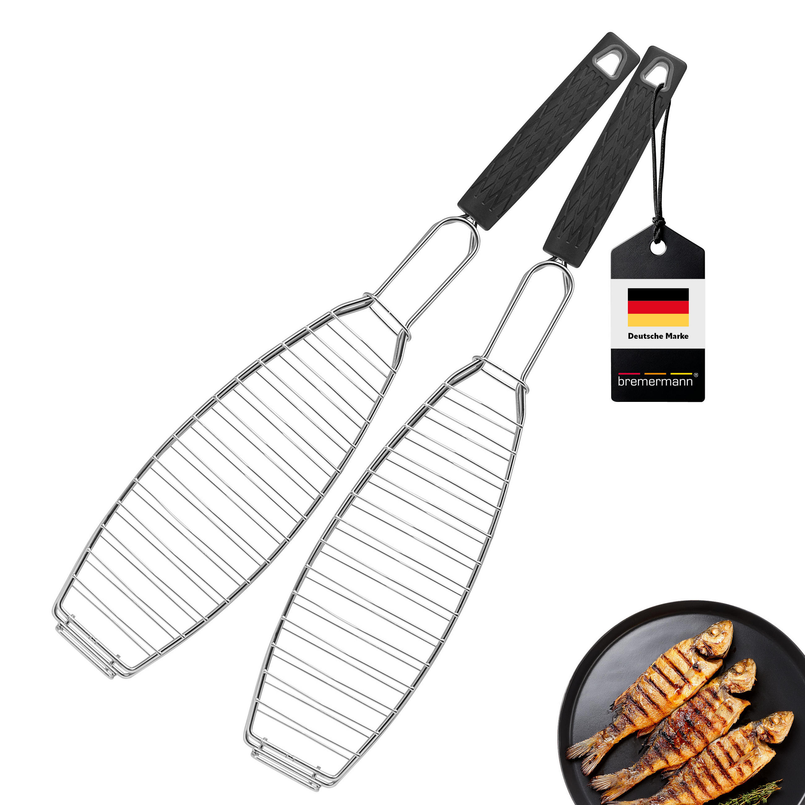 FISCH-GRILLHALTER, schwarz - Edelstahlfarben, Metall (10/54.5/2.5cm) - bremermann