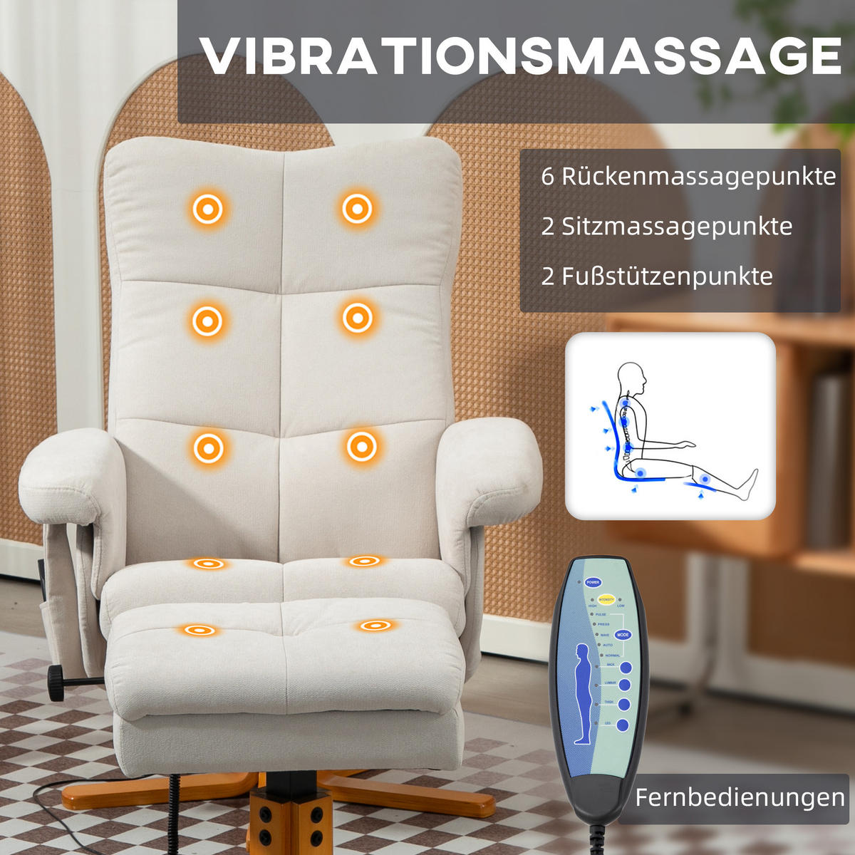 RELAXSESSEL Massagesessel mit Hocker Fernsehsessel mit Liegefunktion Cremeweiß - Creme/Braun, Holz/Textil (86/99/80cm) - HOMCOM