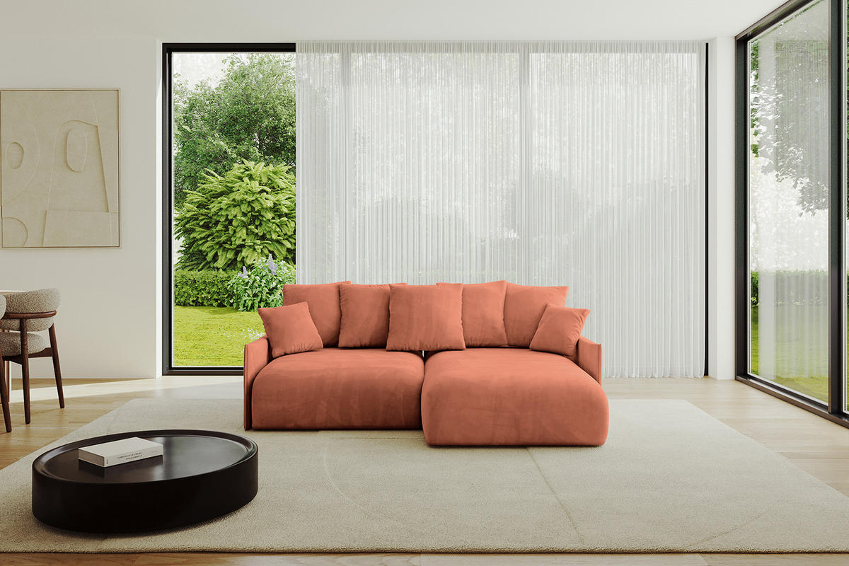 ECKSOFA mit Schlaffunktion und Bettkasten ONESK-L -v1 208x165x40 Apricot Velours - Koralle, Holzwerkstoff/Kunststoff (208/165cm) - ALTDECOR