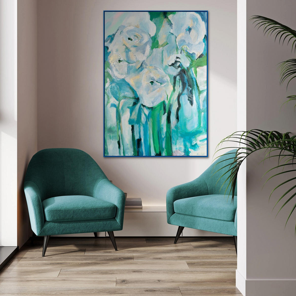 GEMÄLDE Florale Abstraktion Schattenfugenrahmen Blau 140x100 cm - Blau, Holz (140/100cm) - YS-art gallery