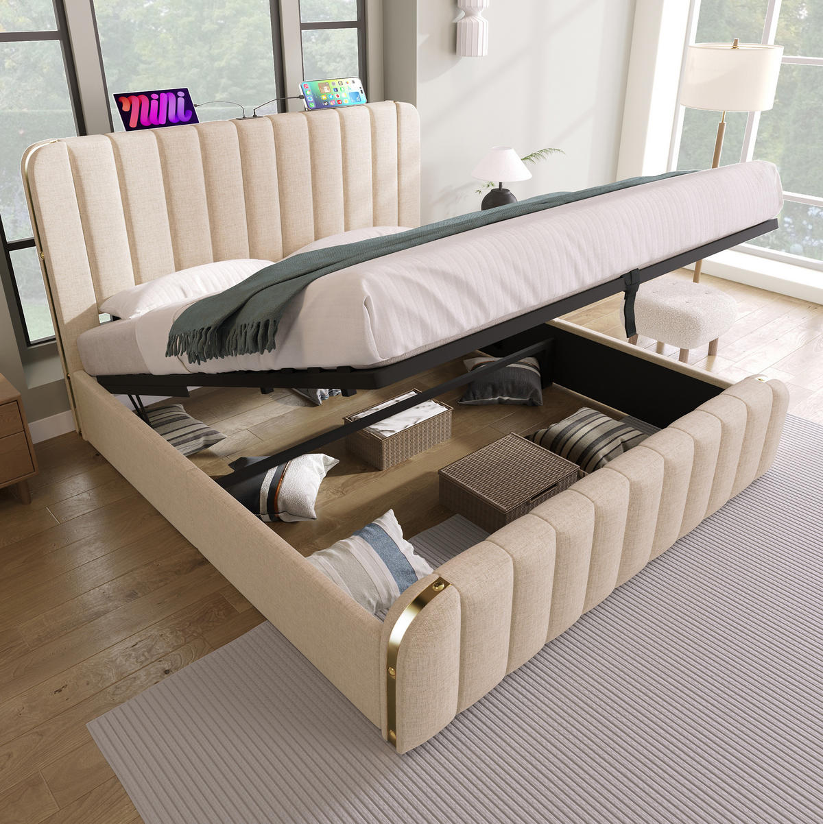 POLSTERBETT 140/200 cm Beige mit USB- und Typ-C-Ladefunktion und hydraulischem Stauraum mit Matratze - Beige, Textil (140/200cm) - OKWISH