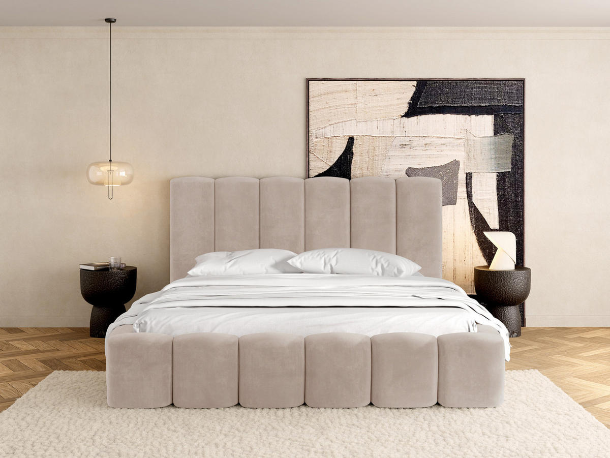 POLSTERBETT Serenity mit Bettkasten, Beige Samt 180x200 cm - Beige/Birkefarben, Holz/Holzwerkstoff (180/200cm) - WFL GROUP