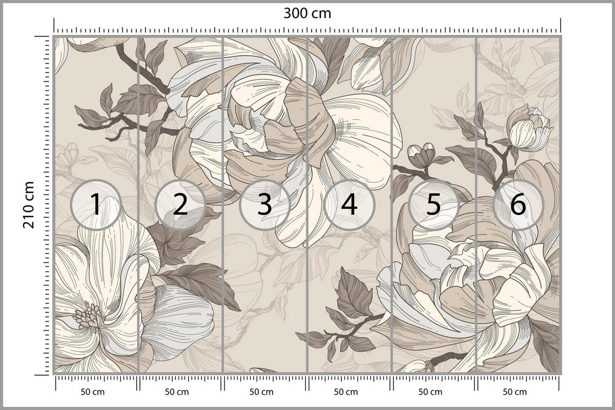 FOTOTAPETE für Wohnzimmer Natur Große Blüten Blätter Pflanzen 300x210 - Beige/Creme, Papier (300/210cm) - Muralo