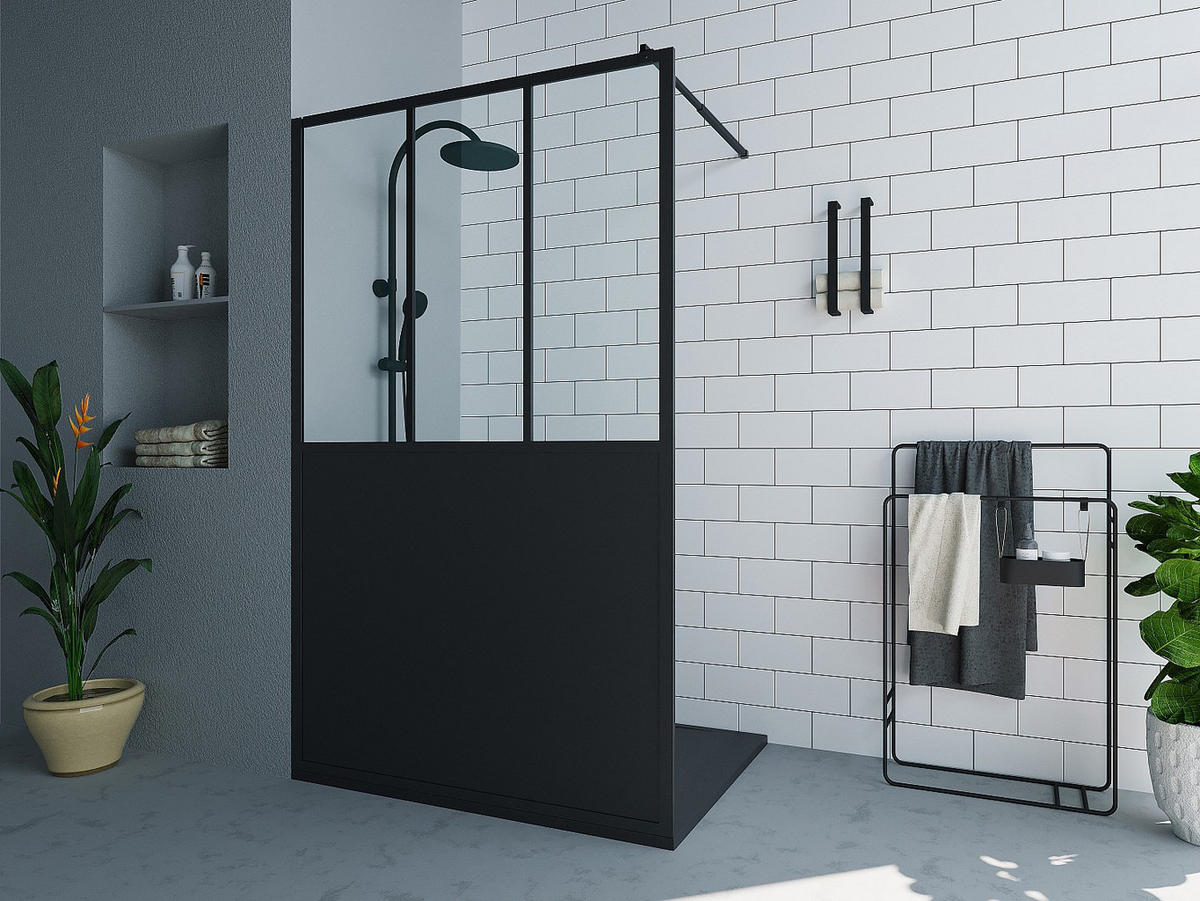 DUSCHTRENNWAND Seitenwand italienische Dusche - Schwarz matt - Industrial Style - 120 x 200 cm - URBANIK - Schwarz, Metall (120/200cm) - Vente-Unique