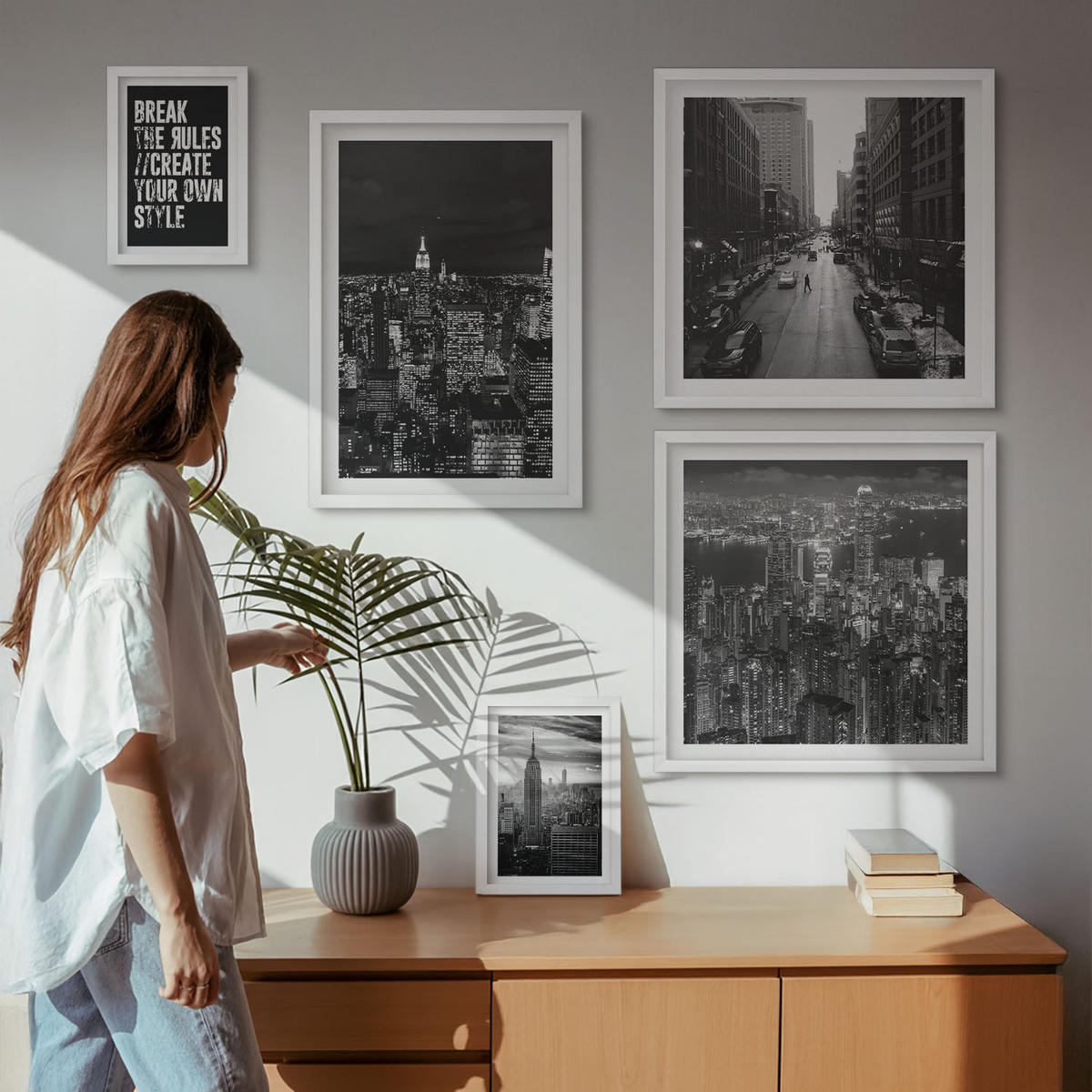 WANDBILDER 5er-Set - 50x50 cm & 20x30 cm & 40x60 cm Weißer Rahmen - Inspiration für Schwarz-Weiß-Darstellungen von Stadtstraßen - Weiß, Kunststoff (40/60cm) - ArtPrintCave