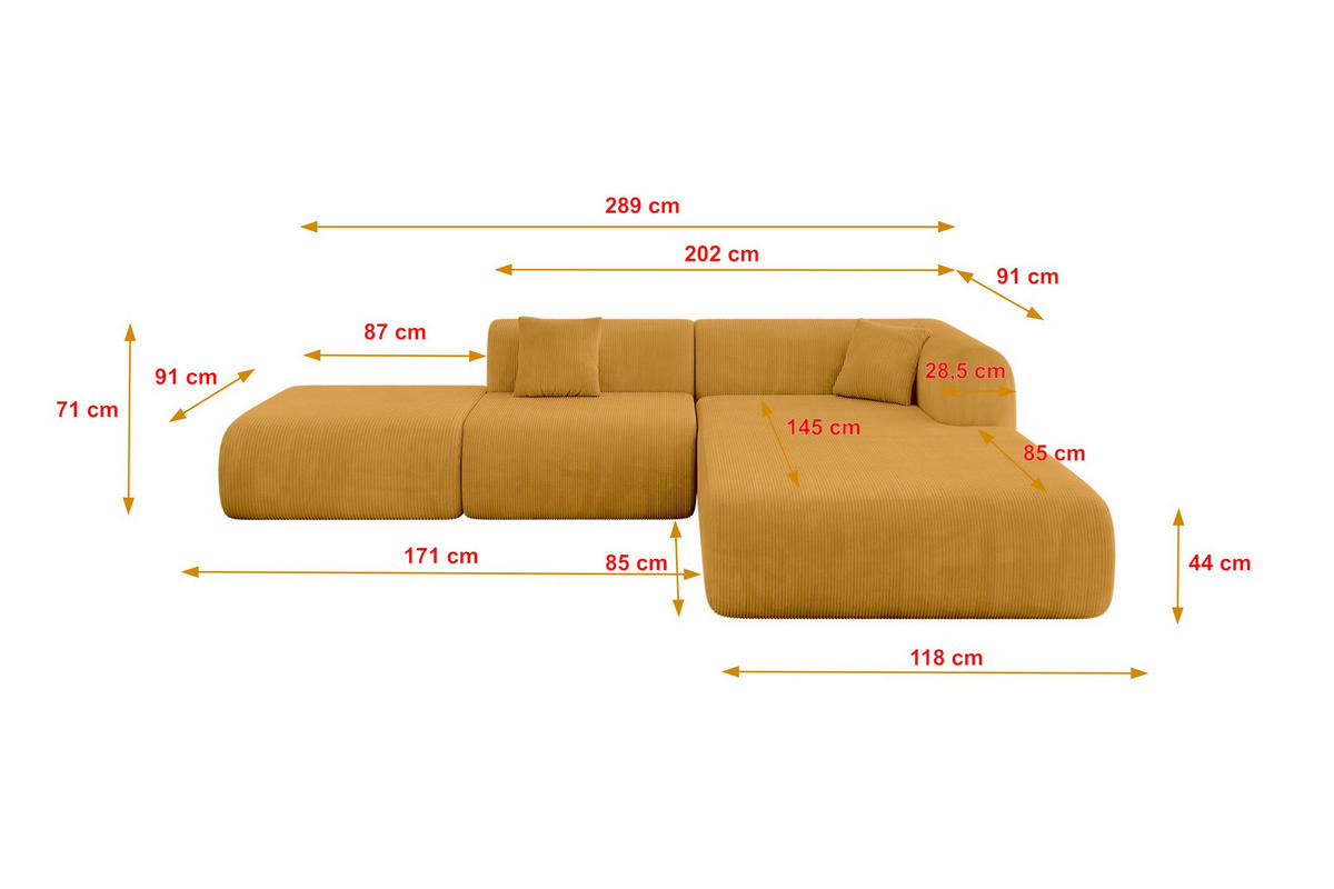 ECKSOFA Ottomane Rechts OVLY-L 289x176x71 Senfgelb Cord - Currygelb/Dunkelgelb, Holzwerkstoff/Kunststoff (289/176cm) - ALTDECOR