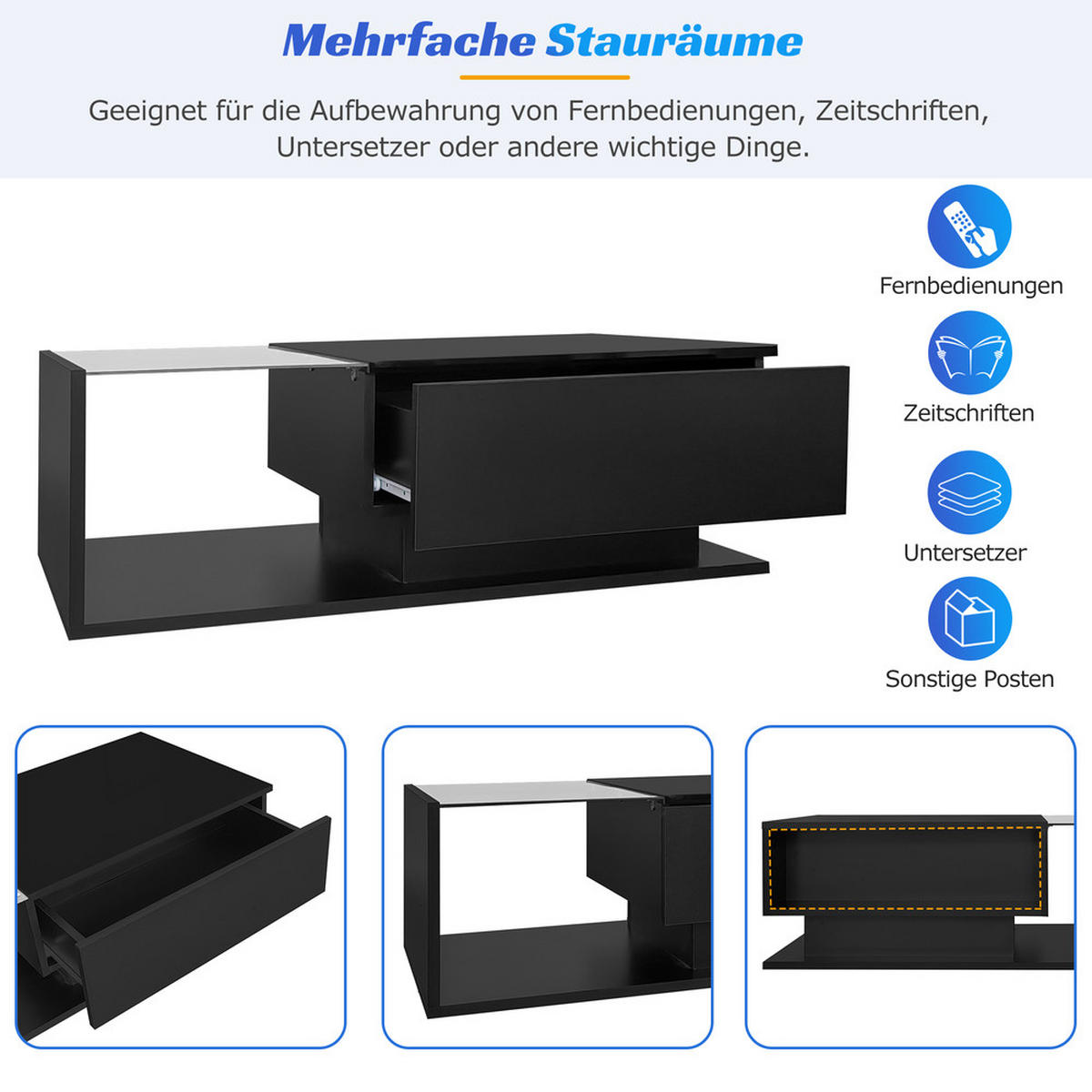 COUCHTISCH 100x50cm Hochglanzschwarz Glasplatte Schublade LED-Beleuchtung - Schwarz, Holz (110/62/16.5cm) - FLIEKS