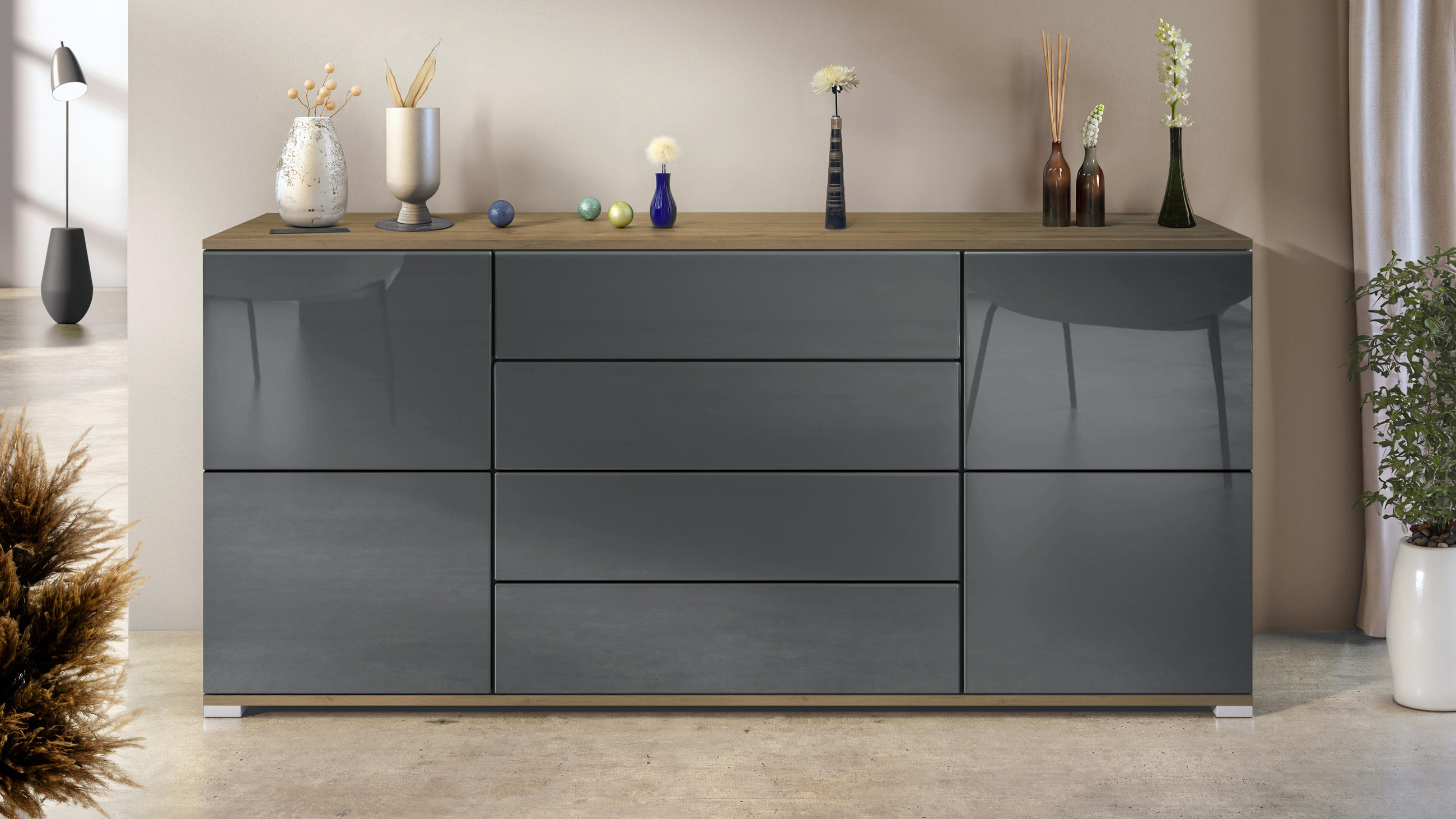 SIDEBOARD Rova Grau Hochglanz - Grau, Holzwerkstoff (166.5/75.5/35cm) - Vladon