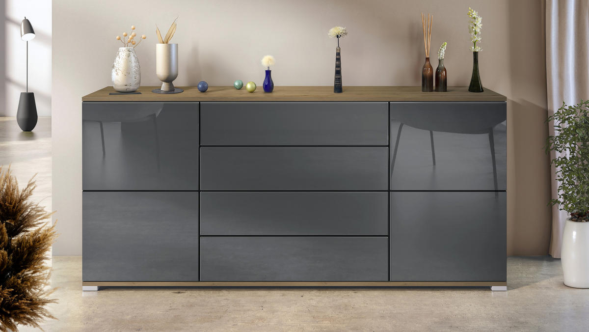 SIDEBOARD Rova Grau Hochglanz - Grau, Holzwerkstoff (166.5/75.5/35cm) - Vladon