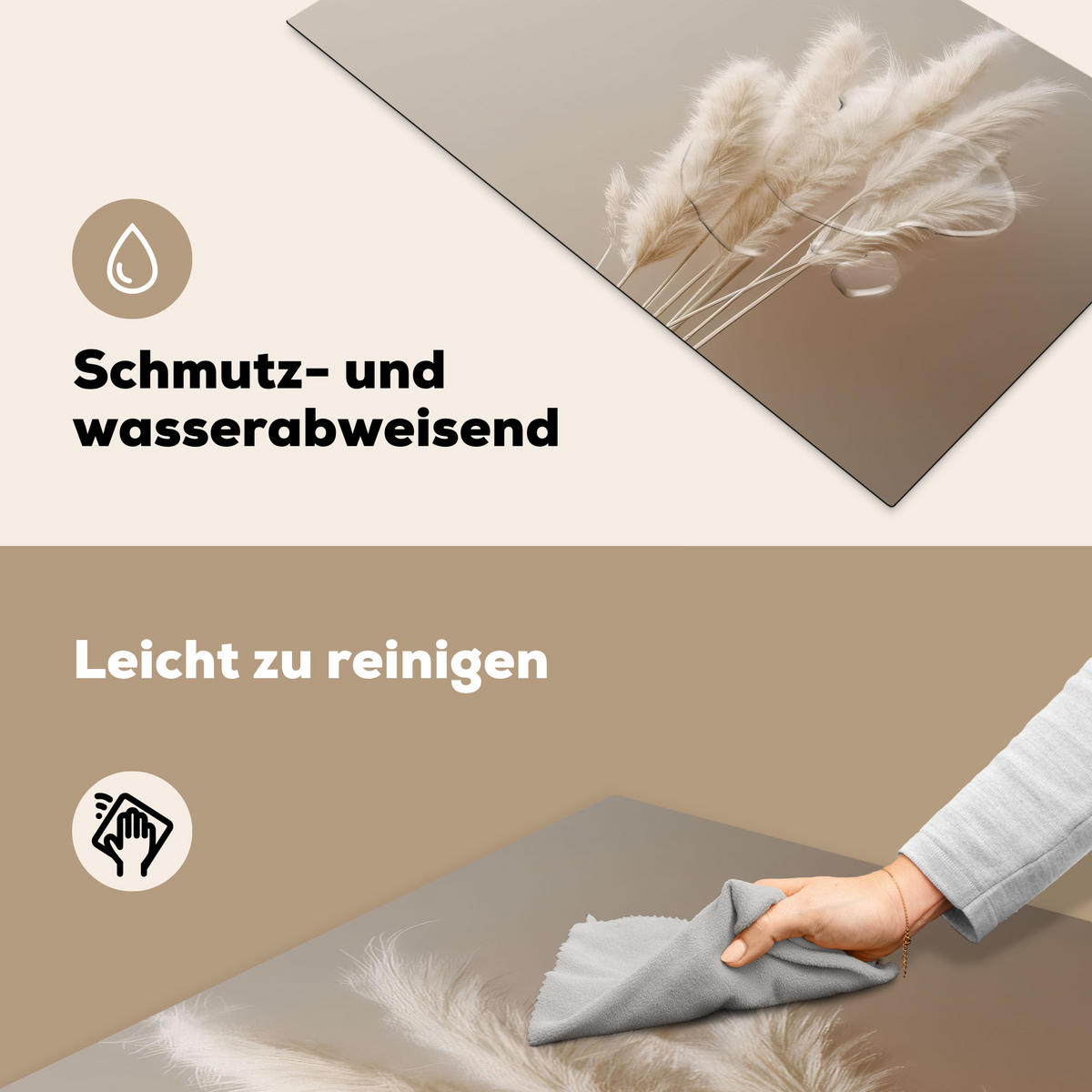 HERDABDECKPLATTE Pampasgras - Federn - Pastell - Weiß Induktionsschutz 91.6x52.7 cm - Creme, Kunststoff (91.6/52.7/0.2cm) - MuchoWow