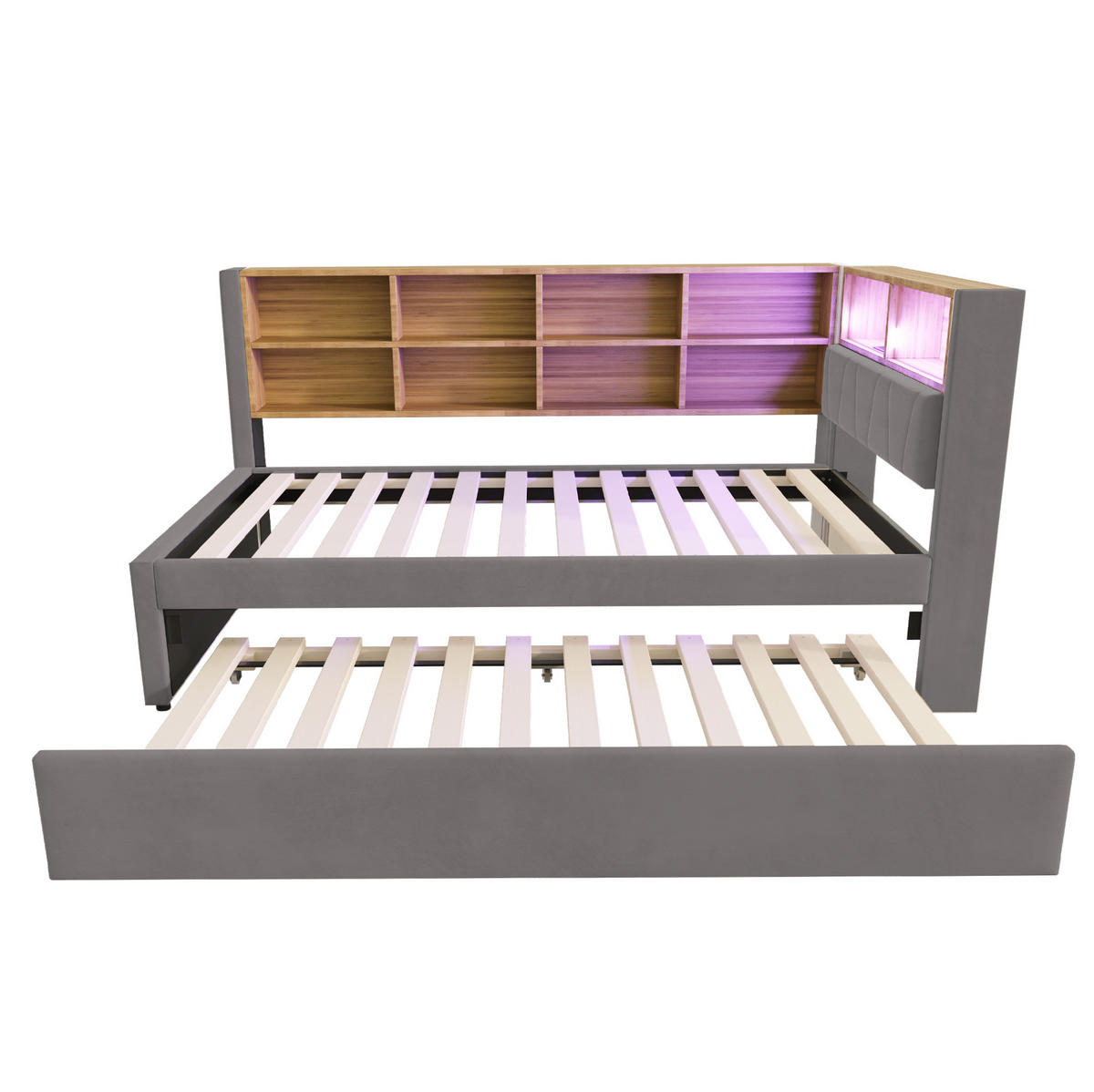 POLSTERBETT mit LED-Beleuchtung 90/200 cm mit Ausziehbett und Stauraum - Dunkelgrau, Textil (90/200cm) - BEAOK