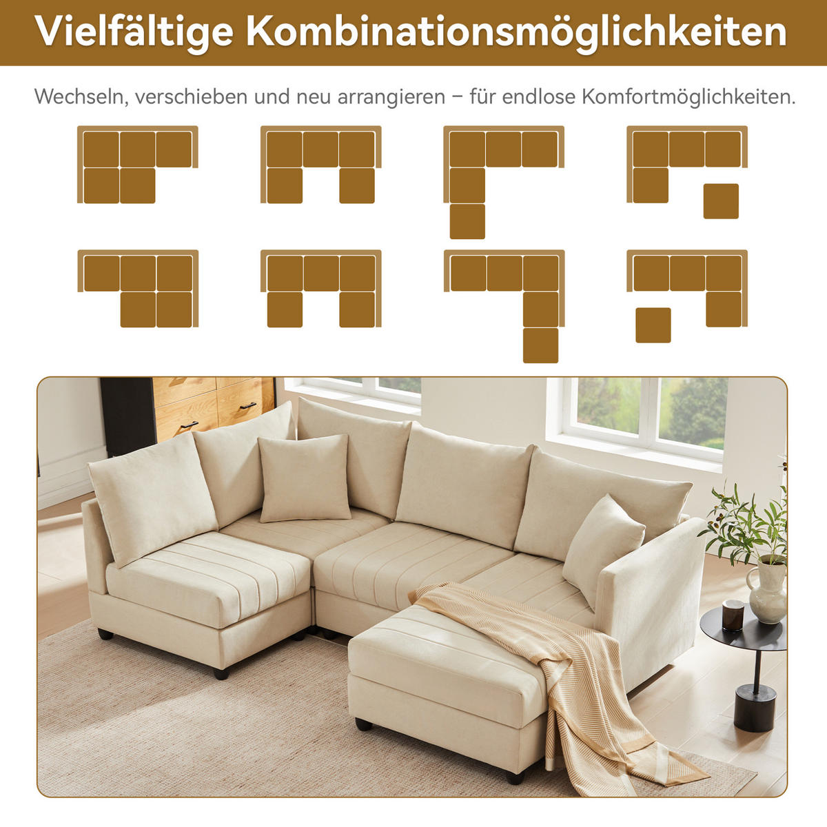 ROHOVÁ sedací souprava 220/194/85 cm béžová z bavlny a lnu s modulárním taburetem - béžová, textil (194/220cm) - OKWISH
