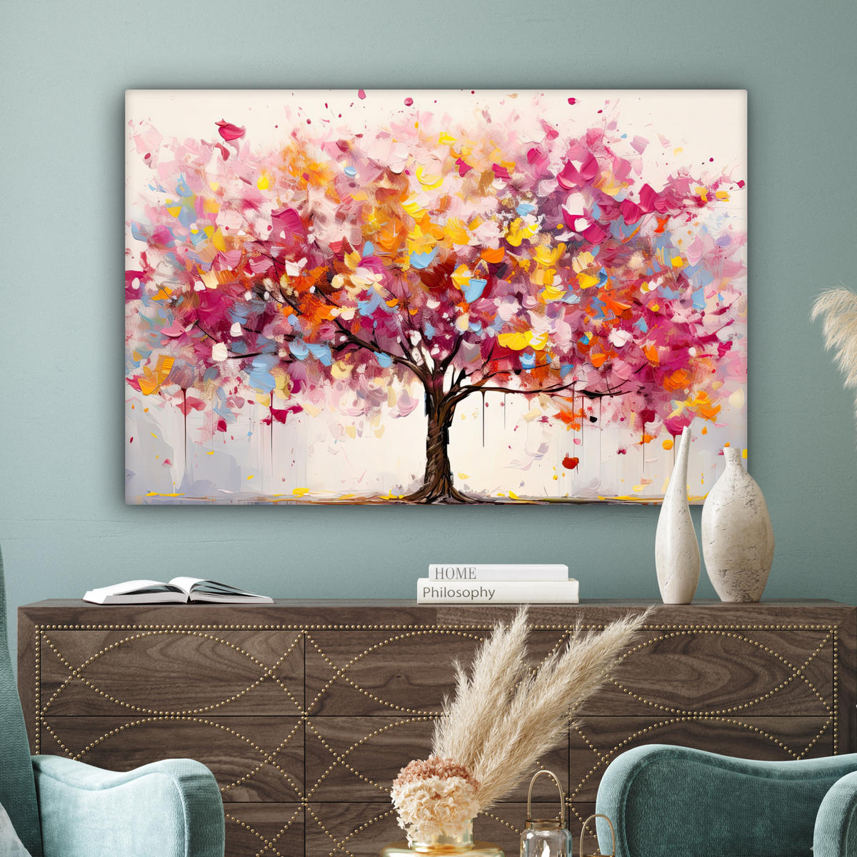 LEINWANDBILD Aquarell - Baum - Kunst - Abstrakt Wohnzimmer Groß 120x80 cm - Multicolor, Textil (120/80cm) - MuchoWow