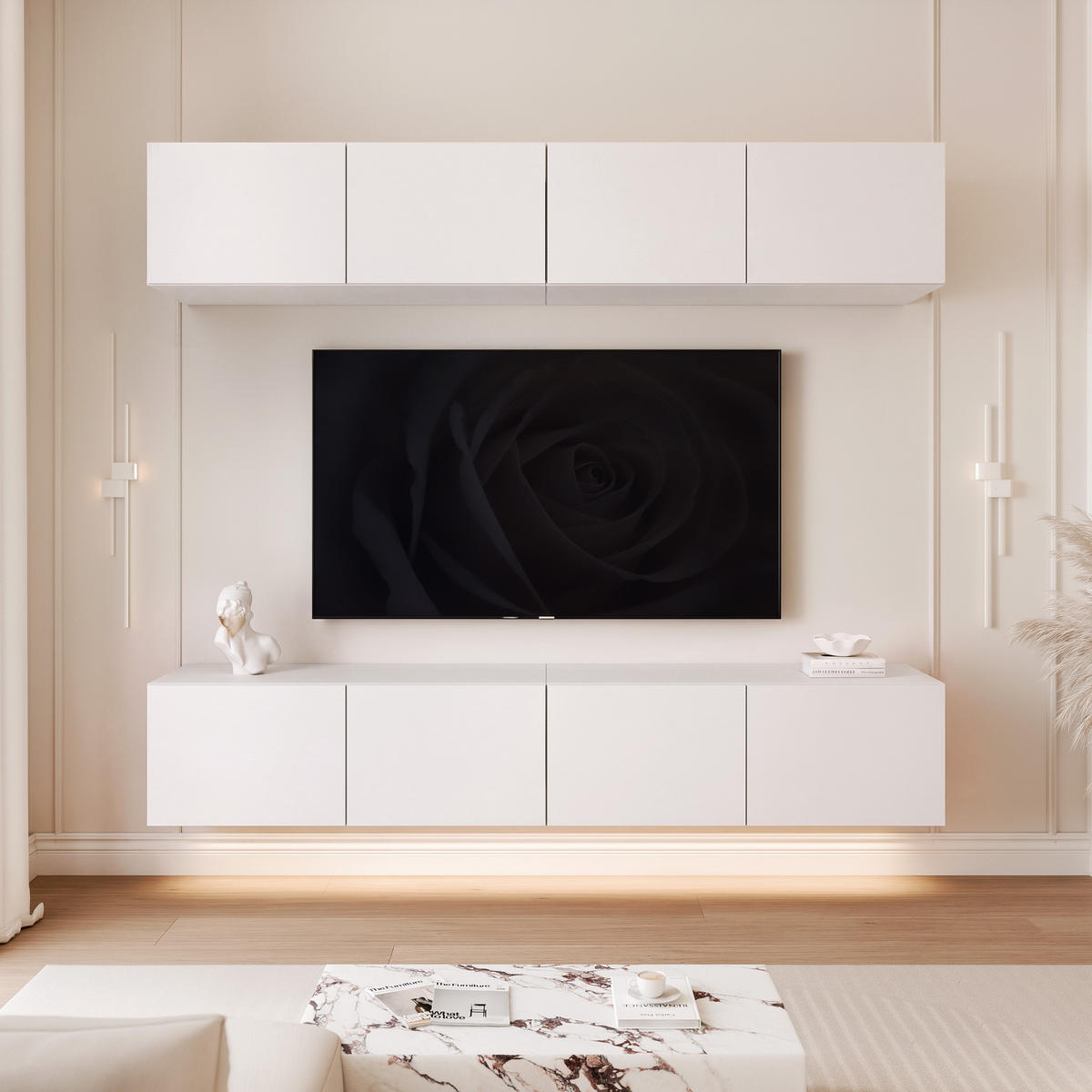 WOHNWAND ANGEL I Mattweiß hängend mit LED-Beleuchtung 200 cm - Weiß, Holzwerkstoff (200/36/40cm) - Idohome