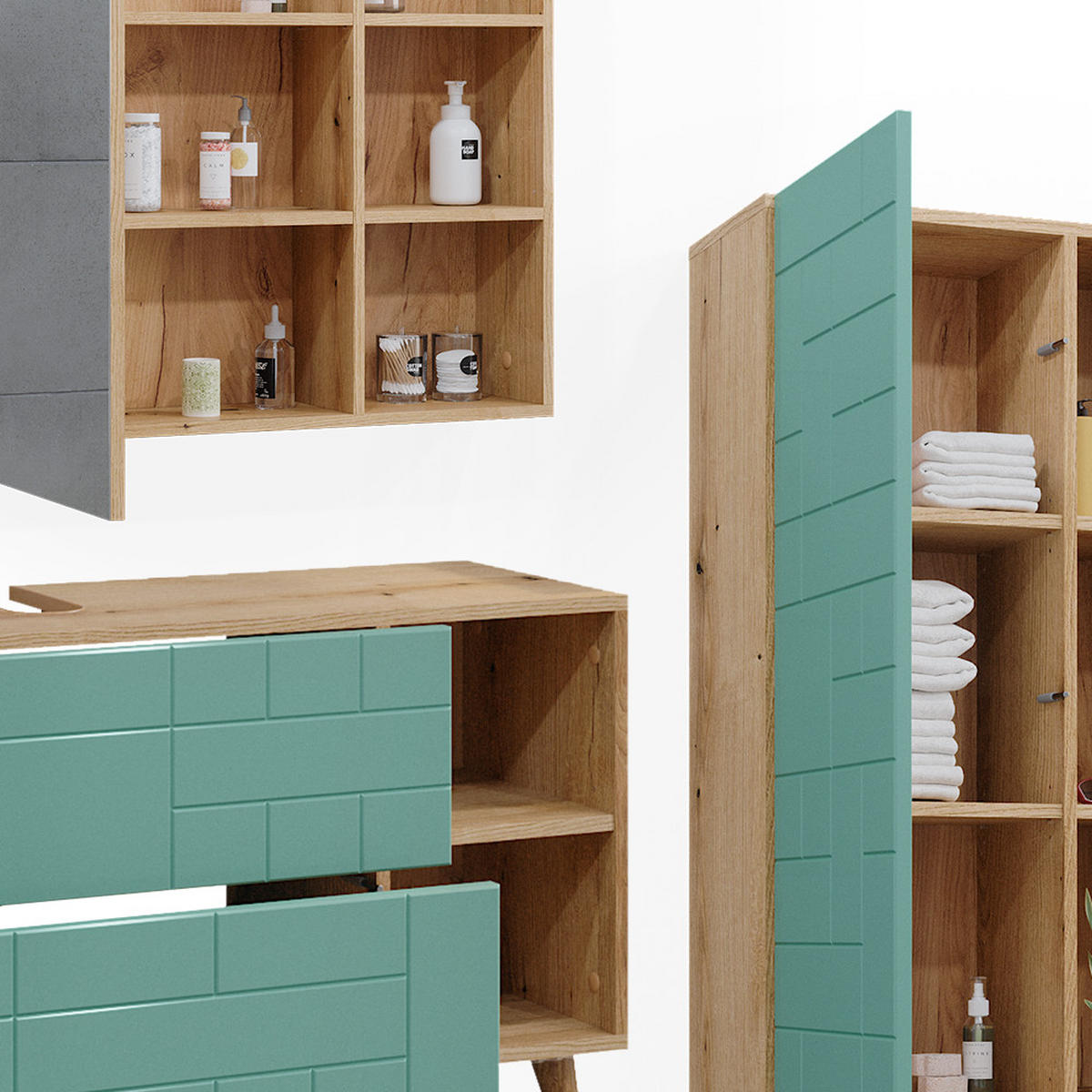 BADMÖBEL-SET Rudi Mintgrün 4 Teile, mit Hochschrank - Eichefarben/Mintgrün, Holzwerkstoff (90/59/32cm) - Vicco