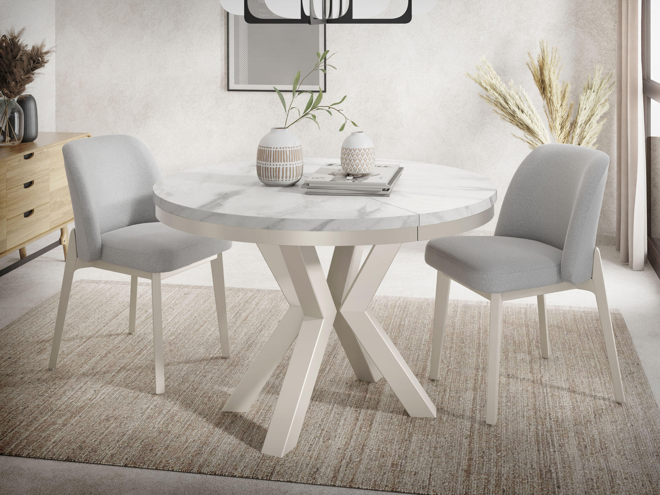 ESSTISCH Clara Beige Cashmere runder ausziehbarer, Marmor Weiß 100-180/100/76 cm - Kaschmir/Ecru, Holzwerkstoff/Metall (100/100/76cm) - WFL GROUP