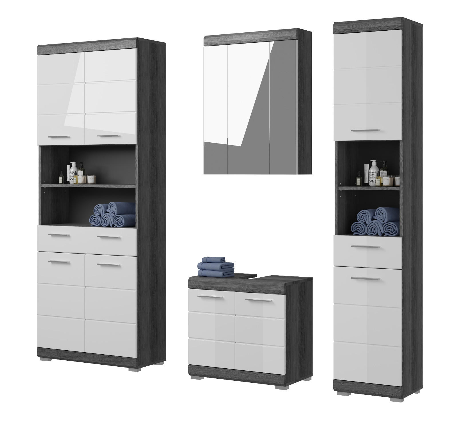 BADMÖBEL-SET weiß Hochglanz, grau 4-teilig 186 cm, Komplettset mit 23 Fächern - Weiß Hochglanz/Grau, Holzwerkstoff (186/191/34cm) - Inn.Furn