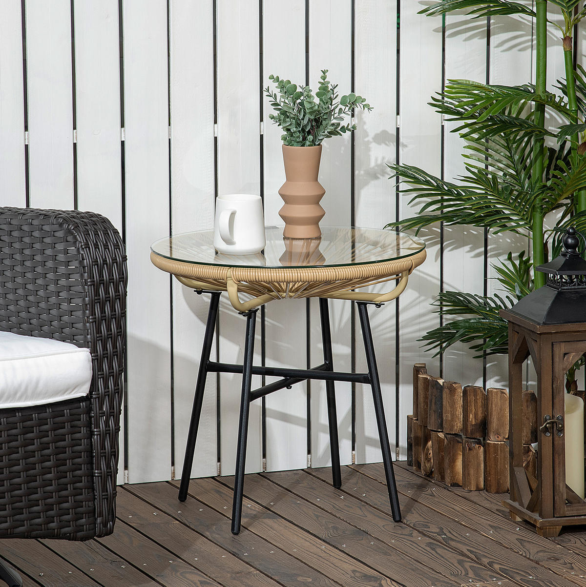 LOUNGETISCH 50/50/50 cm Beige aus Rattan mit Glastischplatte - Beige, Glas (50/50/50cm) - OKMYHOME