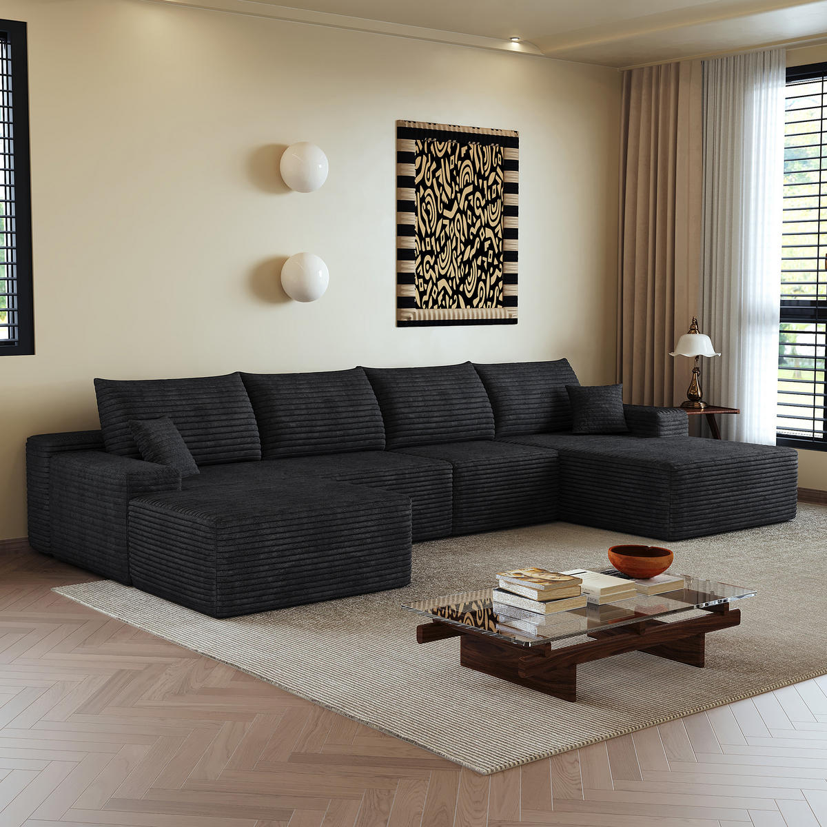 WOHNLANDSCHAFT DE-34857 U-Form 3-Sitzer Chaiselongue rechts Schwarz - Schwarz, Textil (175/83/270cm) - ComfortXL