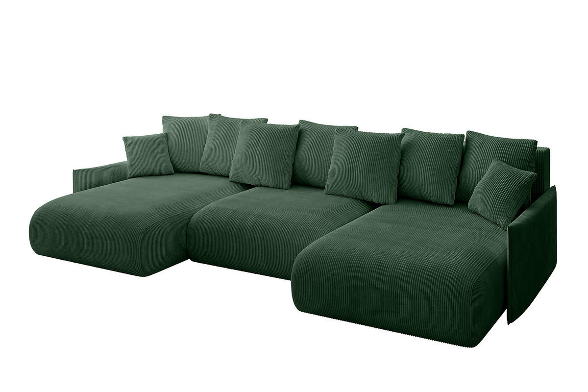 WOHNLANDSCHAFT mit Schlaffunktion und Bettkasten ONESK-U-v1 304x165x40 Grün Cord - Grün, Holzwerkstoff/Kunststoff (304/90/165cm) - ALTDECOR