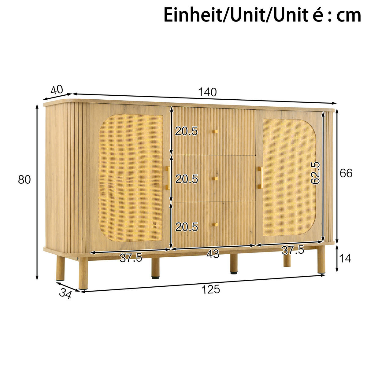 SIDEBOARD 140/40/80 cm in Naturfarbe mit 2 Türen, Schubladen & Metallbeinen - Naturfarben, Holzwerkstoff (140/80/40cm) - BEAOK