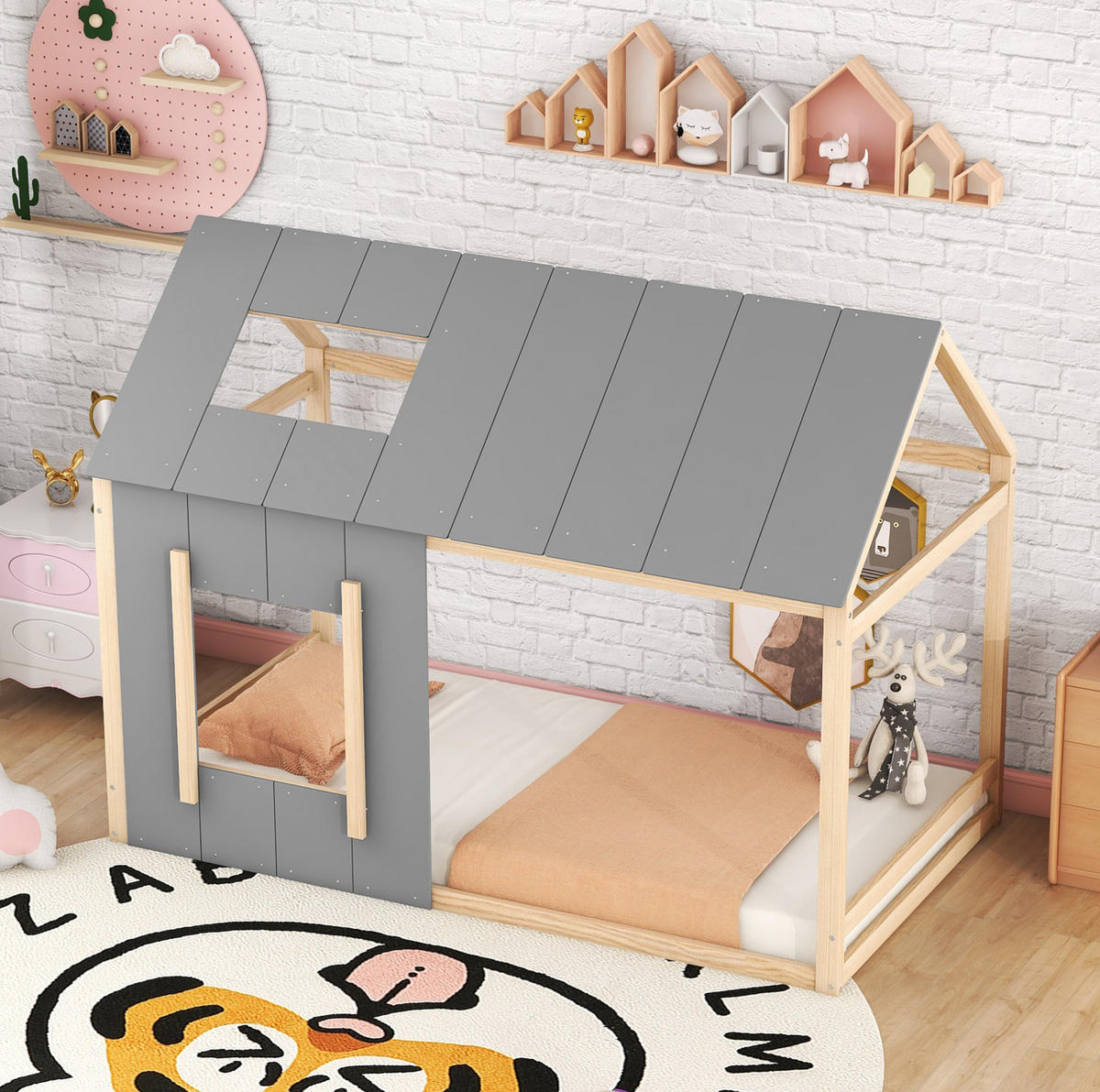 HAUSBETT aus Kiefernholz 90x200 cm Natur/Grau im Hausdesign mit Dach, Fenster und offenem Rahmen - Grau, Holzwerkstoff (90/200cm) - Modfu