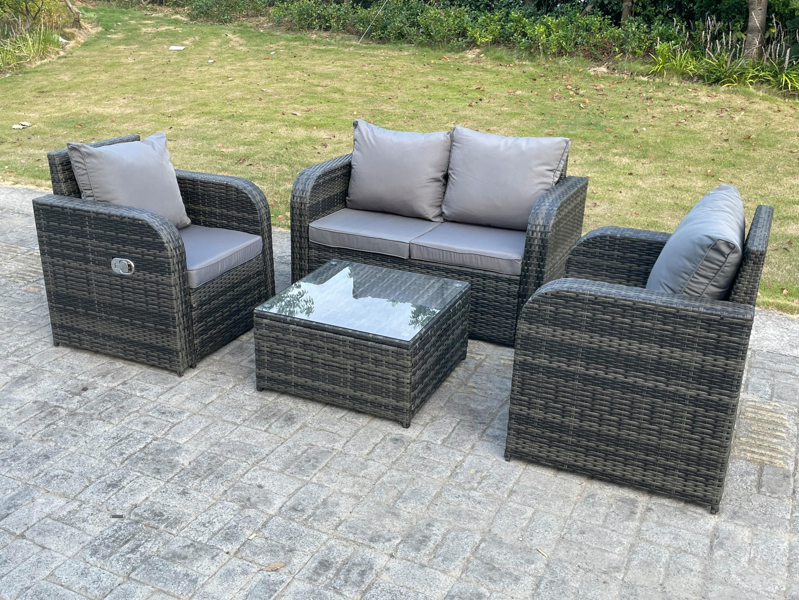 GARTENMÖBEL SET MIT LIEGESTUHL Polyrattan 4-Sitzer - Dunkelgrau/Grau, Glas/Kunststoff - Fimous