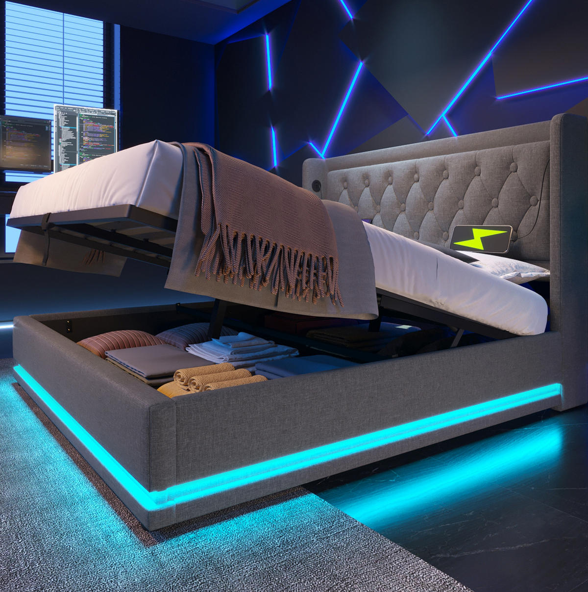 BETT mit Bettkasten 180x200 cm Baumwolle Grau mit USB, LED - Grau, Metall (180/200cm) - Meubliv