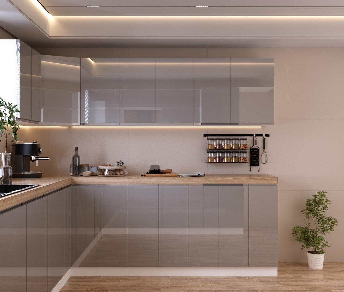 WINKELKÜCHE 260 cm x 280 cm x 260 cm- Aspen KA18-M260 - in Grau/Hochglanz - Grau, Holz/Holzwerkstoff (800/212/58cm)