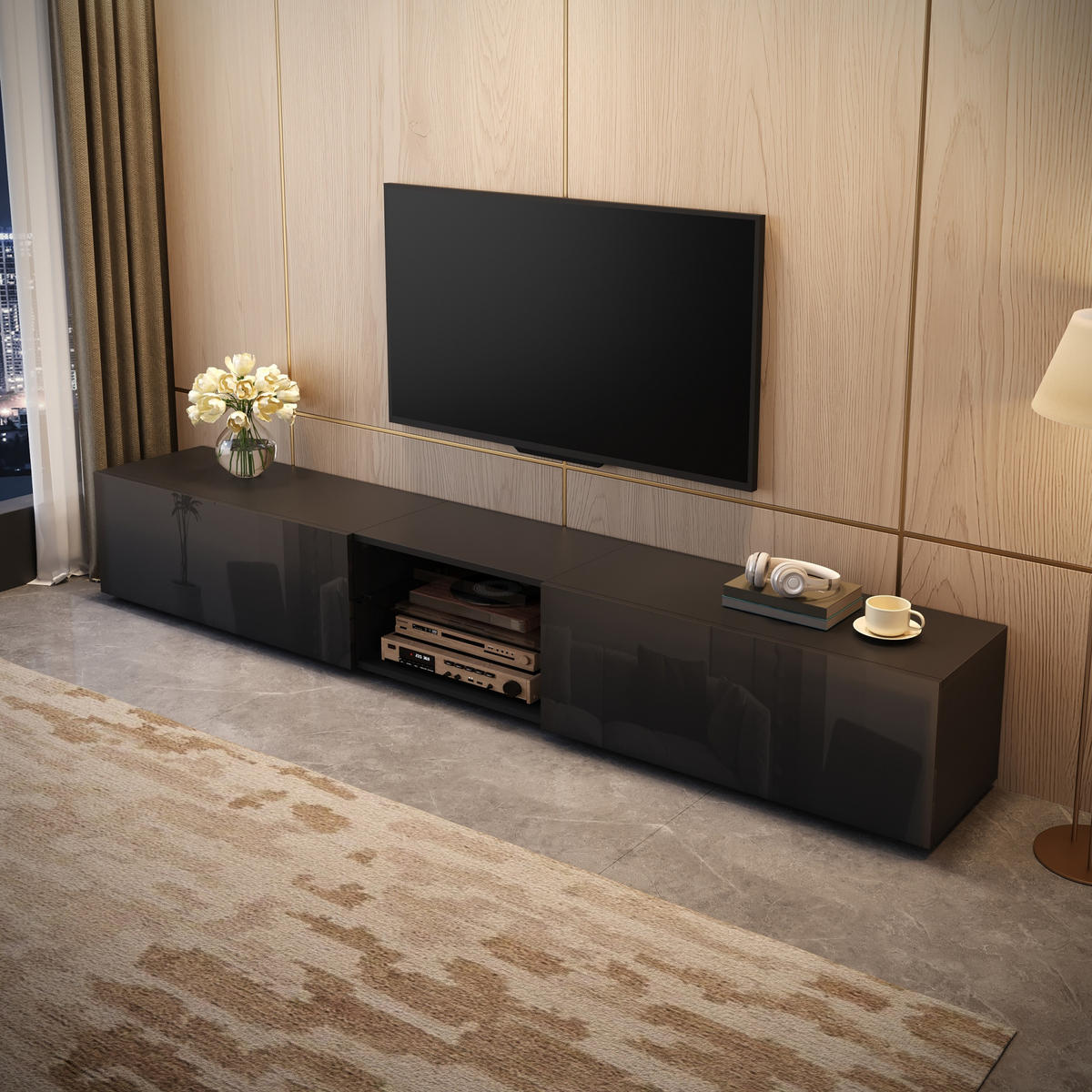 TV-SCHRANK 200/30/30 cm Schwarz mit LED-Beleuchtung und 2 Türen - Schwarz, Holzwerkstoff (200/30/30cm) - Oxeza