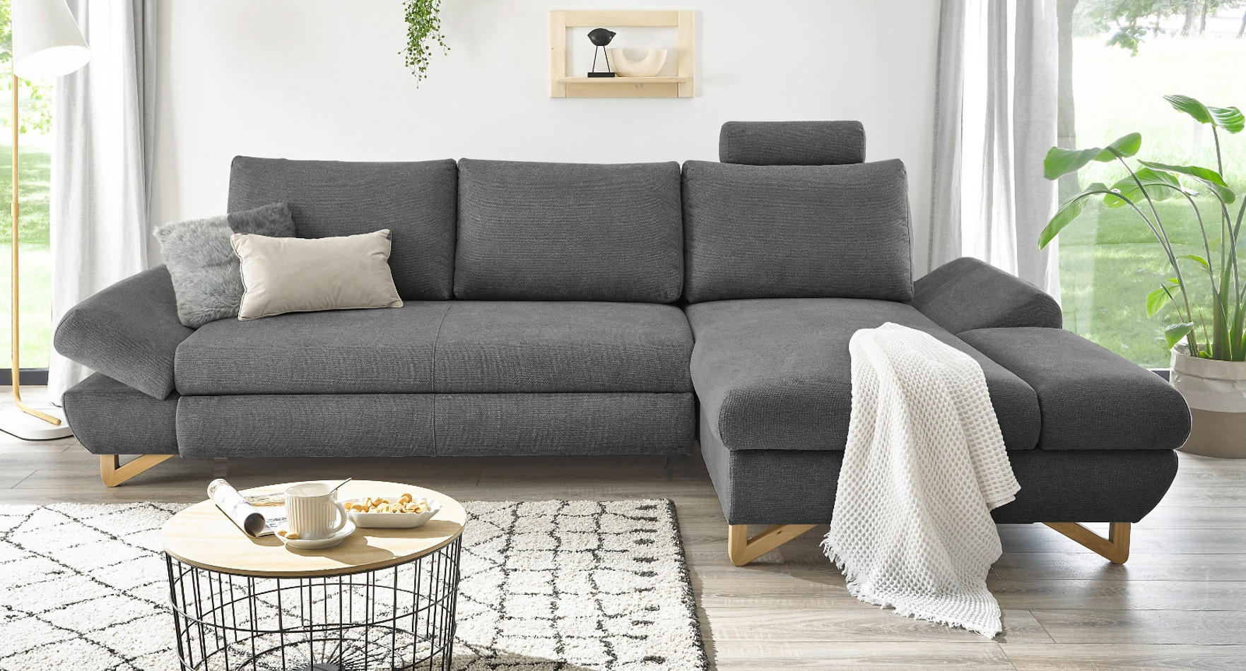 ECKSOFA grau Struktur-Stoff, Wohnzimmer Sofa - Grau, Holz/Textil (284/166cm) - Furn.Design