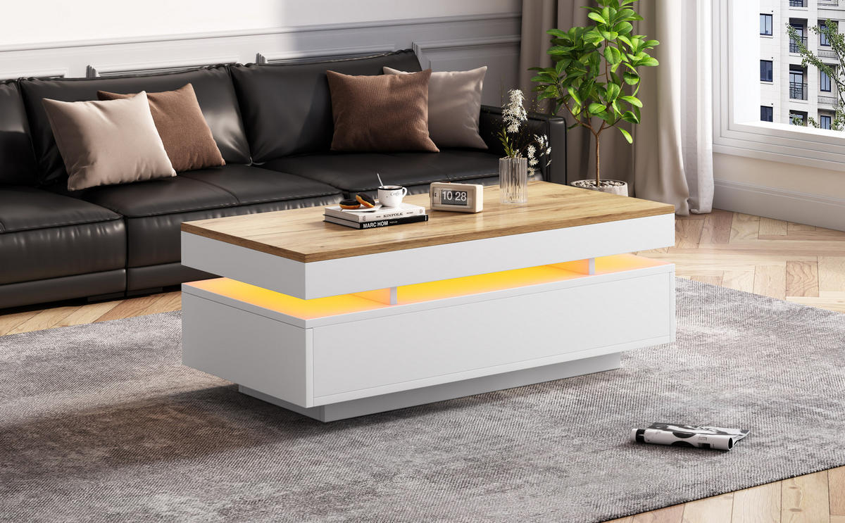 COUCHTISCH aus Spanplatte 100x50x35 cm Weiß/Holzton mit 2 Schubladen und LED-Beleuchtung - Weiß, Holzwerkstoff (100/50/35cm) - IVMEU