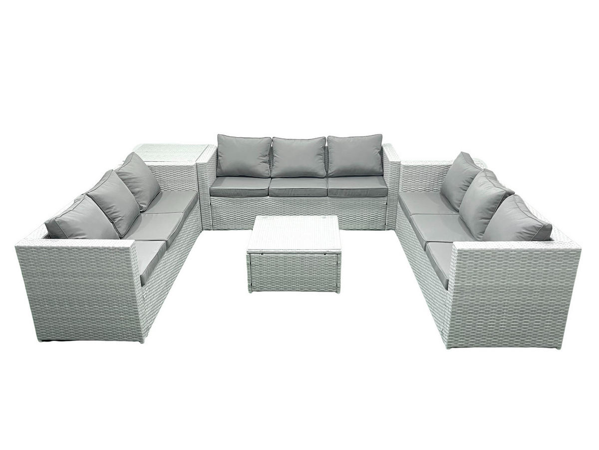 GARTENMÖBELSET mit 3-SITZER SOFA,COUCHTISCH Polyrattan Hellgrau-Mix 9-Sitzer - Hellgrau/Grau, Glas/Kunststoff - Fimous