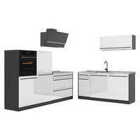 KÜCHENZEILE R-Line, Weiß Hochglanz/Anthrazit, 220 cm Arbeitsplatte Marmor - Weiß Hochglanz/Anthrazit, Holzwerkstoff (220/143/60cm) - Vicco