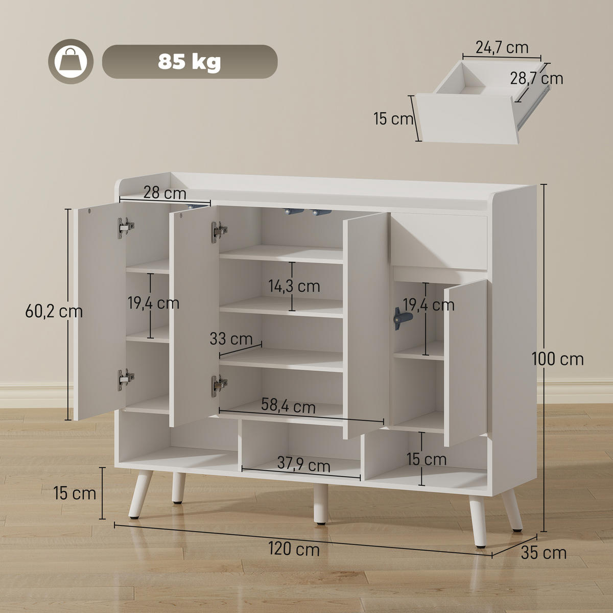SCHUHSCHRANK Weiß 35.0/120.0/100.0 cm - Weiß, Holzwerkstoff (120/100/35cm)