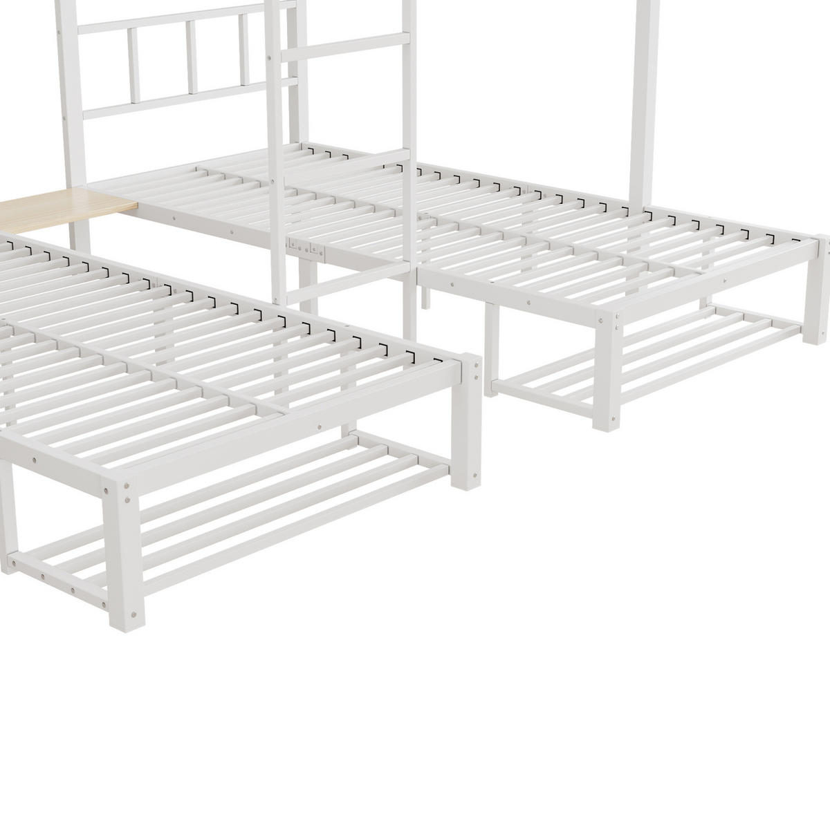 ETAGENBETT aus Metall und Holz 140x200/90x200 cm Weiß/Natur mit offenem Regal und Schuhablage - Weiß, Metall (140/200cm) - Modfu