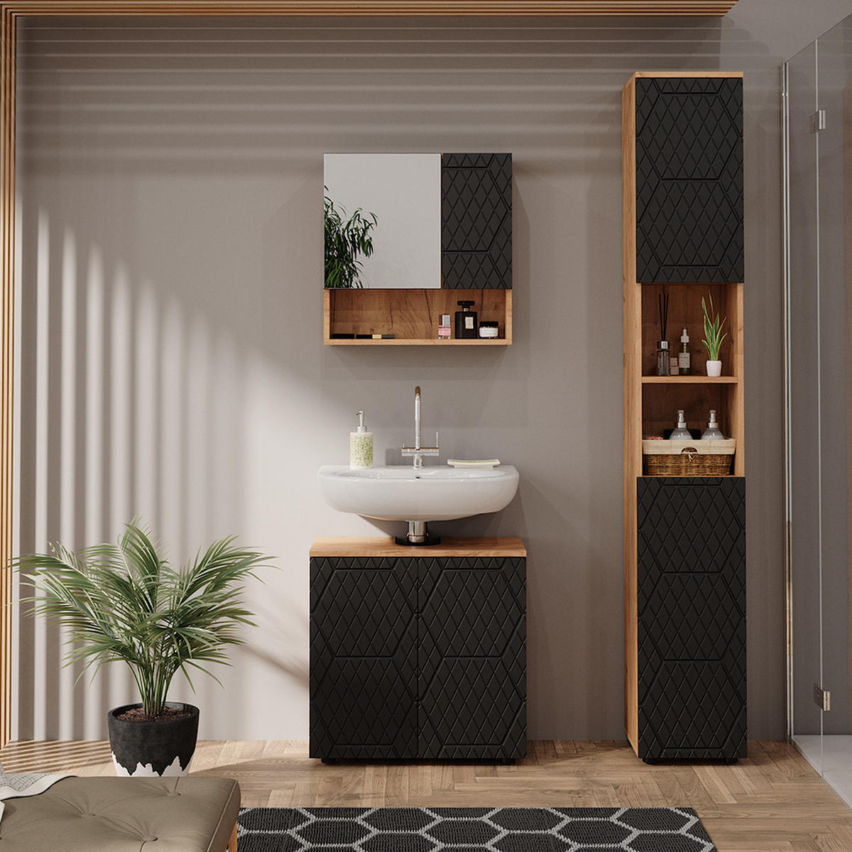 BADSCHRANK Irma Anthrazit gestreift 30 x 192 cm - Anthrazit/Eiche Wotan, Holzwerkstoff (30/192/30cm) - Vicco